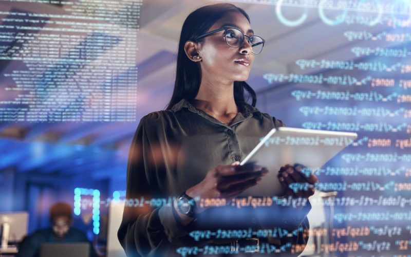 Software,,Coding,Hologram,And,Woman,On,Tablet,Thinking,Of,Data