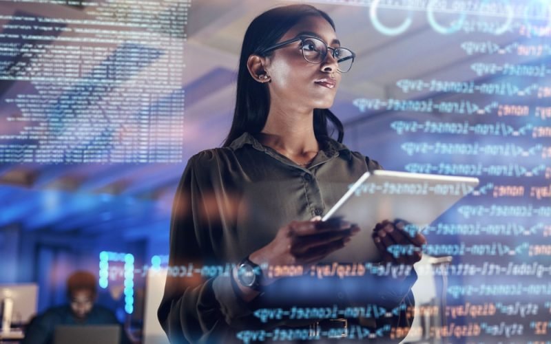 Software,,Coding,Hologram,And,Woman,On,Tablet,Thinking,Of,Data