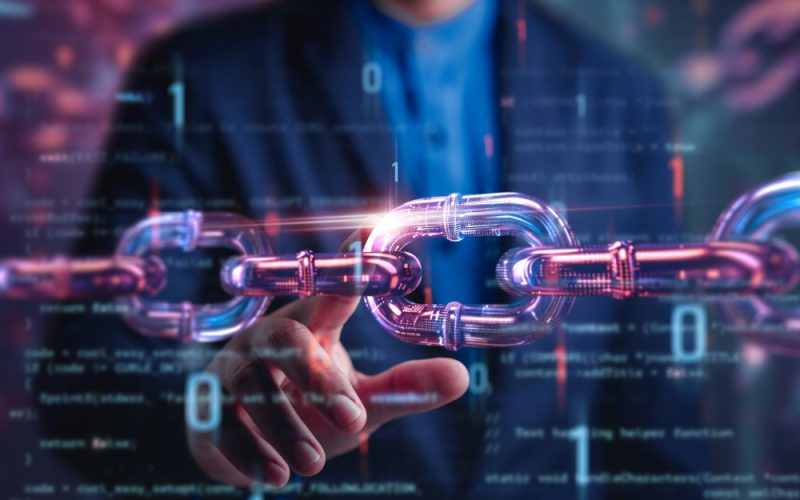 Businessman,Touch,Digital,Chain,,Blockchain,Financial,Technology,To,Secure,Cryptocurrencies